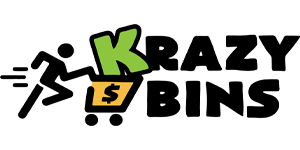 Krazy Bins Logo 300x150 stickman pushing orange cart with Krazy Bins logo in it