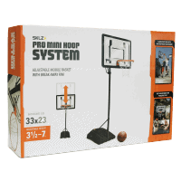 Basketball Hoop packaged box presented in front of checkered background