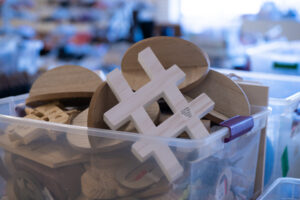 A hashtag symbol made of wood in a bin at Krazy Bins